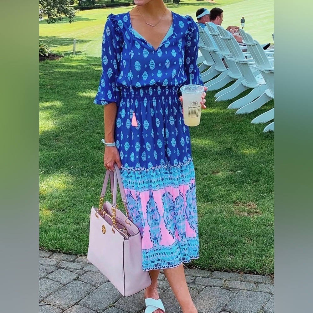 Lily Pulitzer Chiffon Lesleh Midi Dress Size 00 Fit and Flare Elbow Sleeves - Picture 4 of 11